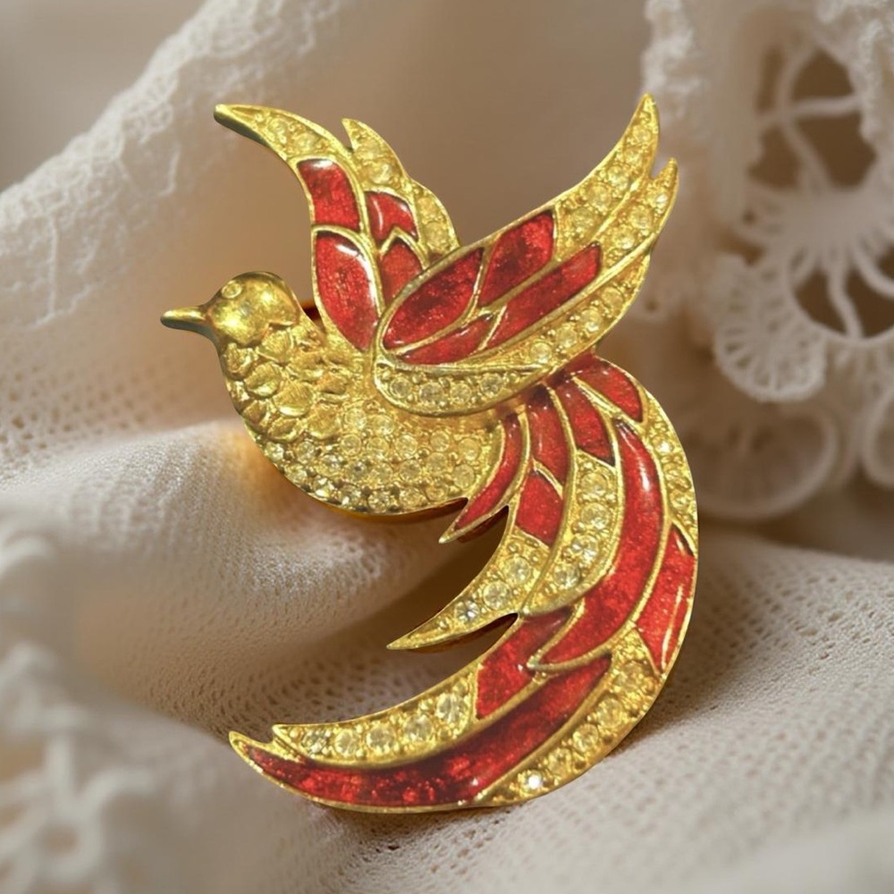 Giorgio Brooch Pin Bird Of Paradise Gold Plated Red Enamel Crystals Vintage